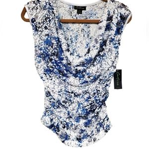 CARTISSE SLEEVELESS SEQUINED COWL NECK SEXY TOP M White/Blue/Grey